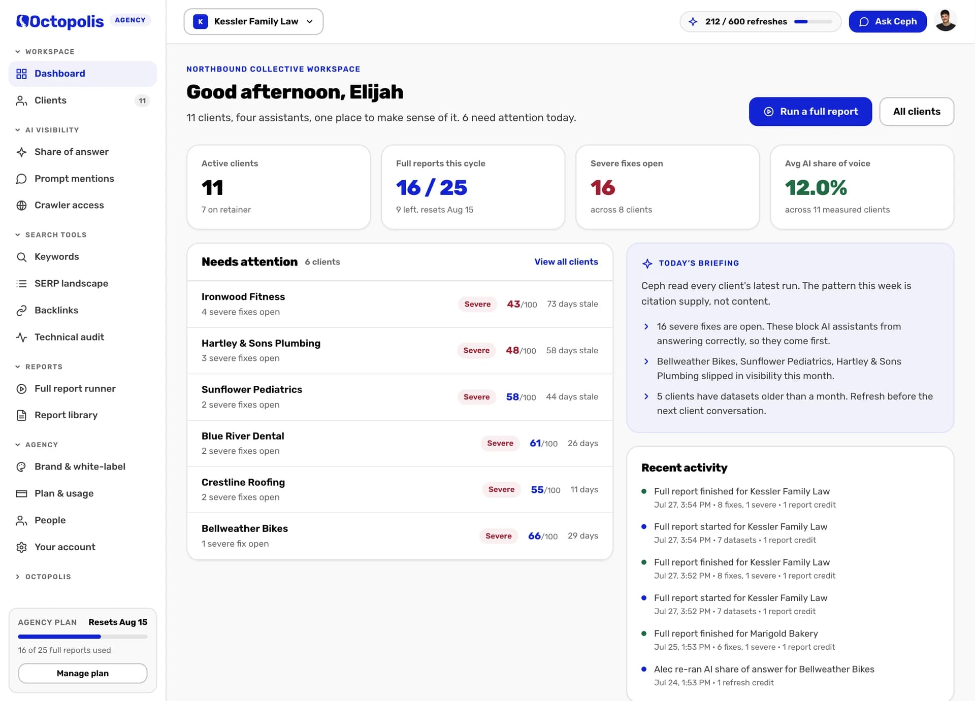 The Octopolis agency dashboard: eleven active clients, full reports used this cycle, severe fixes open, average AI share of voice, a needs-attention list and the day's briefing.